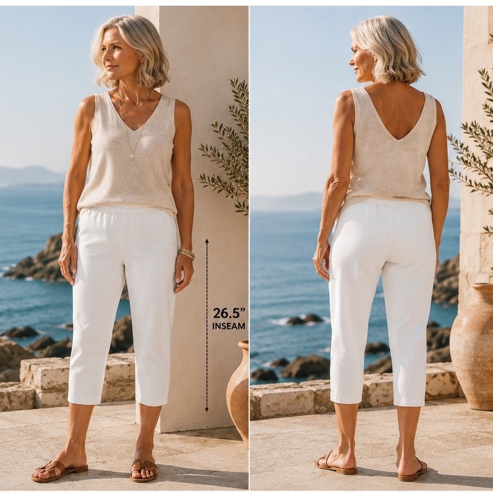Eileen Fisher White Organic Cotton Pull On Cropped Pants 2X Tapered Coastal